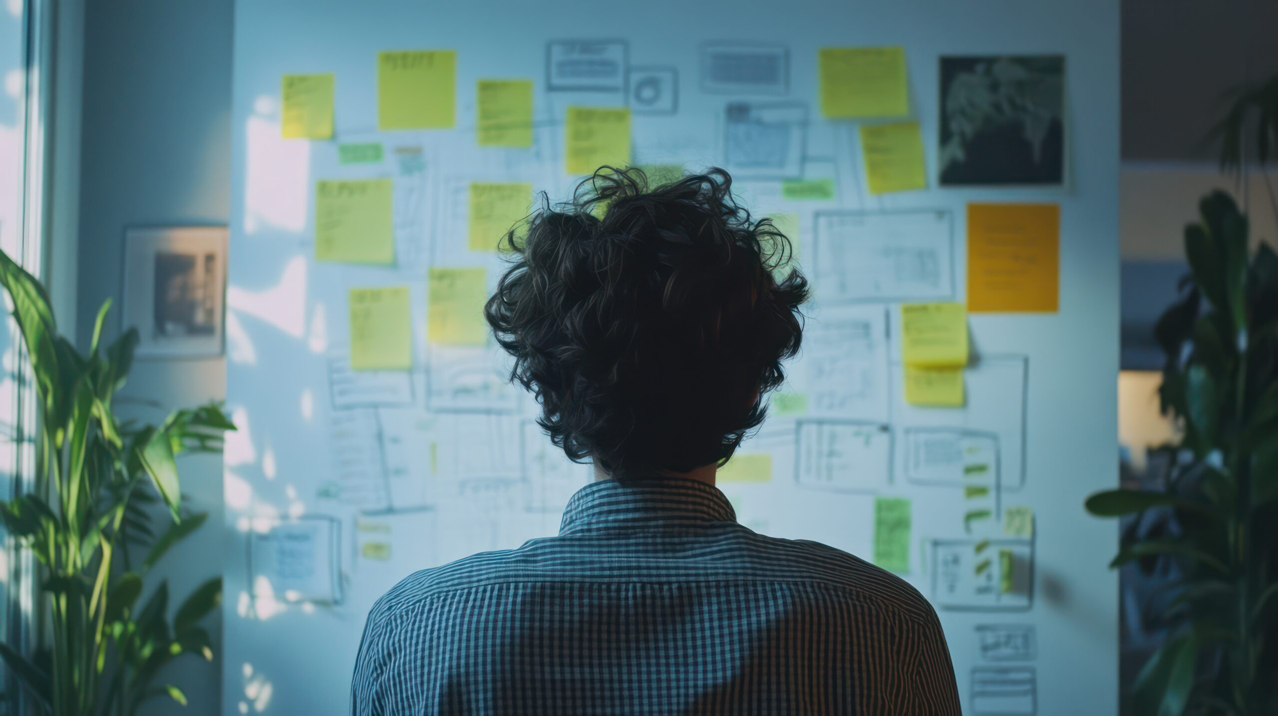 Strategic Planning Session: A Man Reviews Post-it Notes on a Whiteboard, Deep in Thought