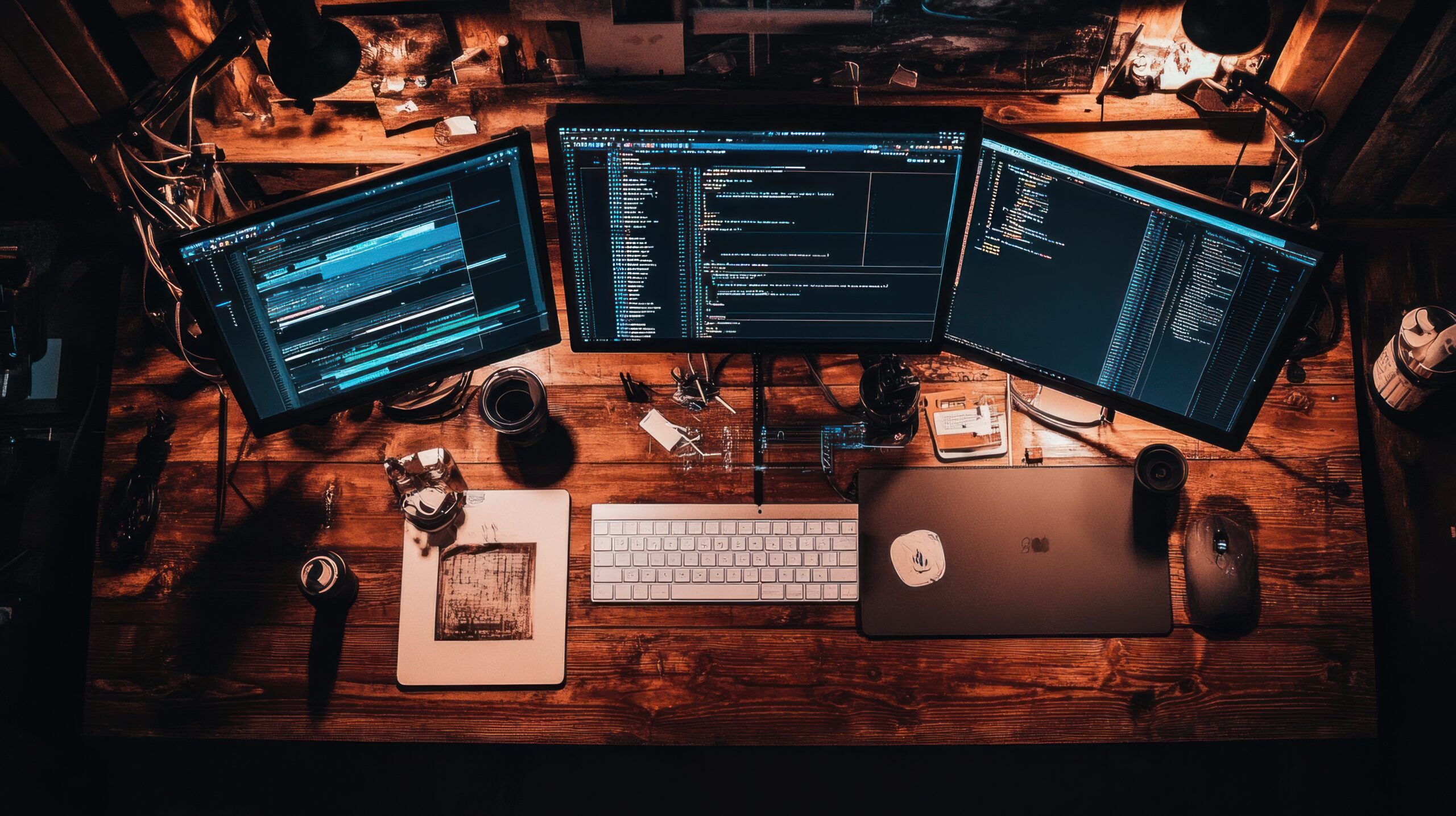 Workspace with multiple monitors and coding activity.